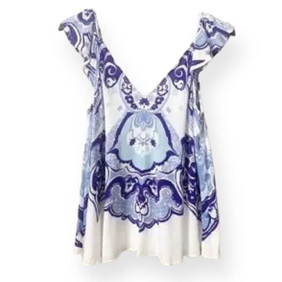 ANTHROPOLOGIE MAEVE CLANA FLUTTER CAP SLEEVE PAISLEY PRINT TRAPEZE TOP BLUE SZ 4 - Picture 1 of 11